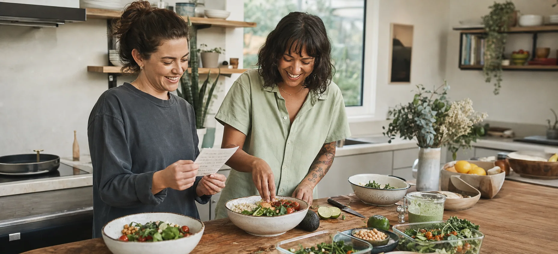 Two people preparing meals together at a kitchen counter.