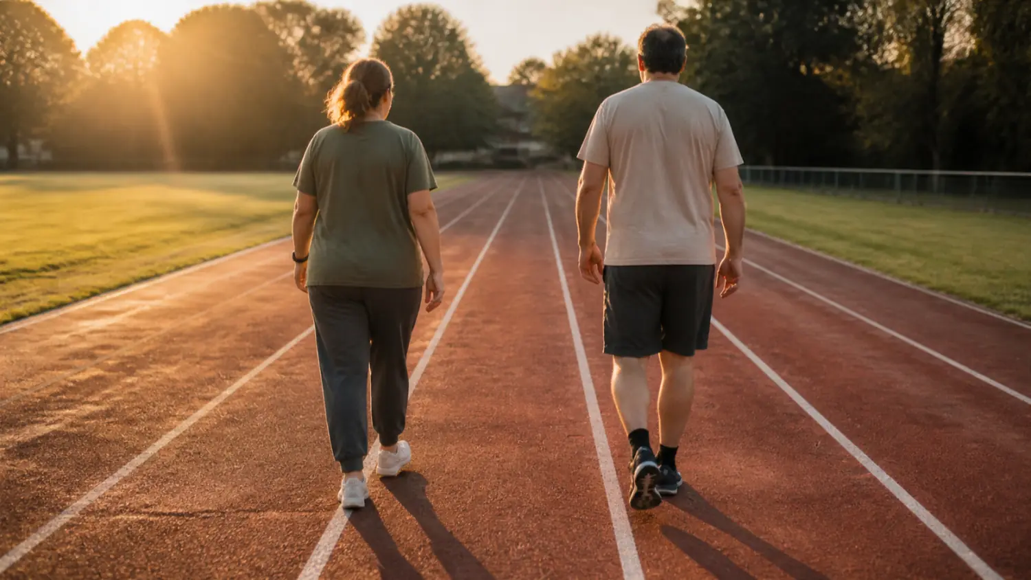 Two people walking side by side, each in their own marked lane on an outdoor running track at sunset.