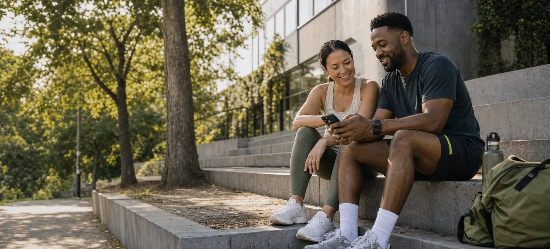 Two people after a workout, looking over a training plan together.